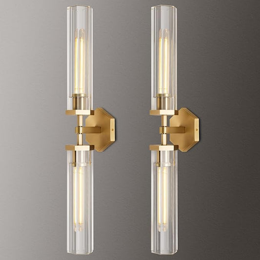 Crystal Bathroom Vanity Wall Sconces Set of Two Gold Modern Sconces Wall Lighting, 28.5in Brass Vanity Lights,Indoor Linear Wall Sconce Light for Bedroom,Hallway,Staircase,Living Room,Dining Room