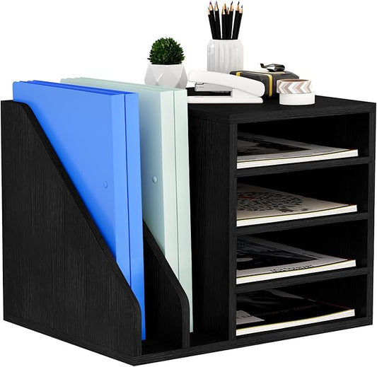 Wood Desk Organizer File Holder, Wooden Mail Organizer Countertop with Adjustable Compartments, Desktop File Organizer Paper Sorter for Home, Office and School, Envelope Organizer, Black