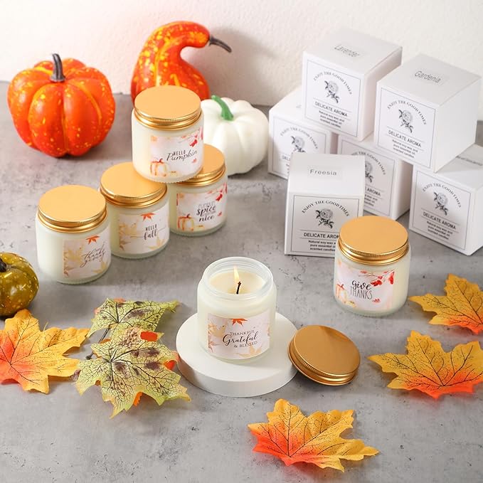 MTLEE 6 Pcs Thanksgiving Candle Jar Employee Appreciation Gifts Maple Leaf Pumpkin Candle Sea Salt Sage Scented Soy Wax Jar Thank You Gift for Halloween Coworker Teacher Home Decor(Fresh)