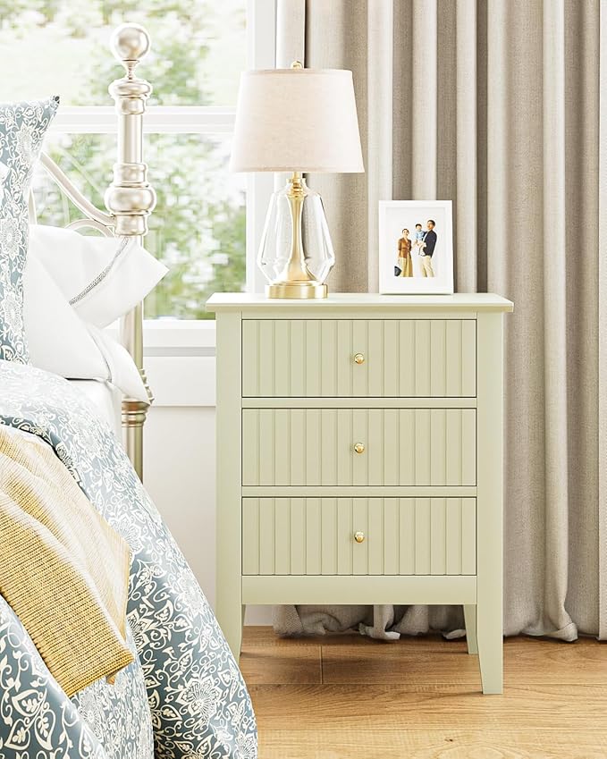 Fluted Nightstand, Farmhouse Night Stand with 3 Drawers, Mid Century Modern Side Accent Table,Bedside End Table for Bedroom, Living Room, Pale Green