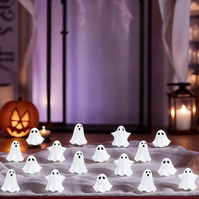50Pcs Mini Resin Ghosts, Small Ghost Figurines, Tiny Halloween Miniatures for Spooky Tiered Tray Decor, Vase Filler, Home Tabletop Shelf Centerpieces, Party Favors Gift
