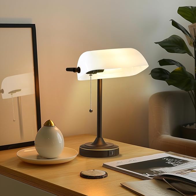 Vintage Desk Lamp Bankers Lamp - Black Retro Table Lamp with USB & Type C Charging Ports Traditional Pull Chain Switch Library Lamp for Home Office Nightstand Bedroom Side Table Lamp(Bulb Included)