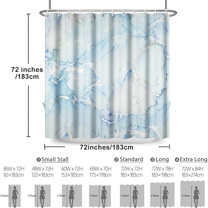 Renaiss Light Blue Marble Shower Curtain Waterproof Fabric Luxury Modern Art Shower Curtain for Bathroom Dormitory Print Decorative Shower Curtains Set with Hooks Waterproof Fabric 72" W x 84" L