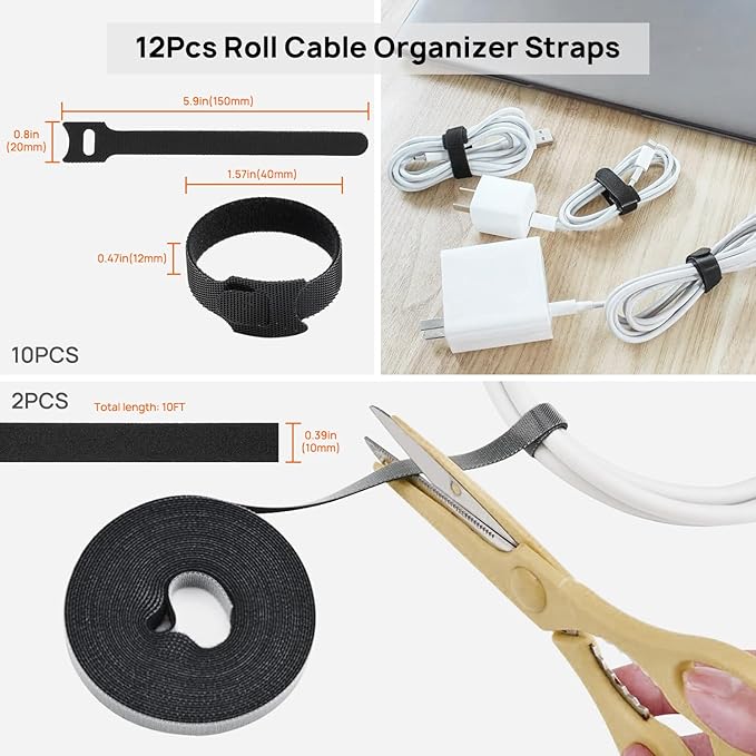 193 PCS Cable Management Kit - 4 Cable Sleeve, 57 Self Adhesive Cable Clips, 12 Hanging Strips, 12 Cable Organizer Straps and 100 Fastening Cable Ties for TV Computer Under Desk (Black)