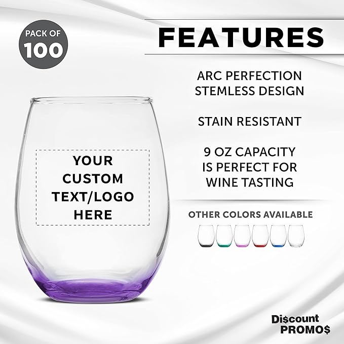 Custom Stemless Wine Glass 9 oz. Set of 100, Personalized Bulk Pack - Great for Wedding Favors, Bachelorette Party Decorations, Party Favors, Color Bottom - Purple