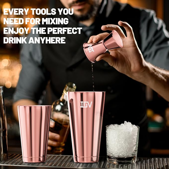 IOV Boston Cocktail Shaker Bar Set, Bartender Kit Drink Mixer Set with 18 oz & 28 oz Boston Shakers, Hawthorne Strainer, Double Jigger, Bar Tool Kit and Recipe Booklet - Rose Gold