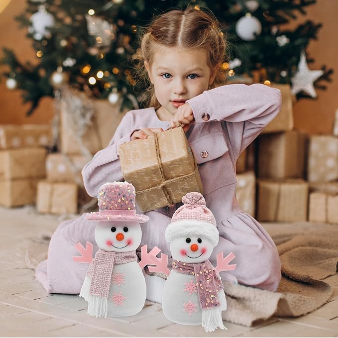 Pink Christmas Snowman Decor Indoor, 2Pcs Pastel Snowman Plush Room Decor, Winter Christmas Ideas Winter Table Centerpiece Shelf Tiered Tray Mantel Display