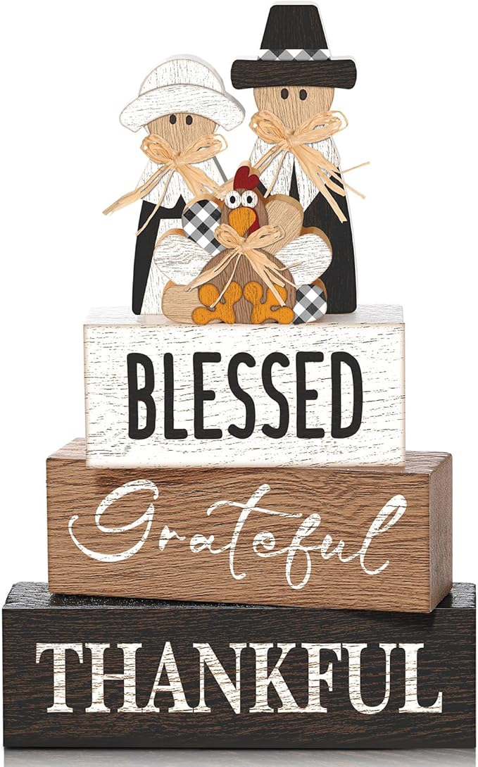 4 Pcs Thanksgiving Table Decor for Home Pilgrim Couple Wooden Signs with Blessed Thanksgiving Autumn Tiered Tray Decor Turkey Tabletop Centerpiece Grateful Block Signs for Office Kitchen Shelf