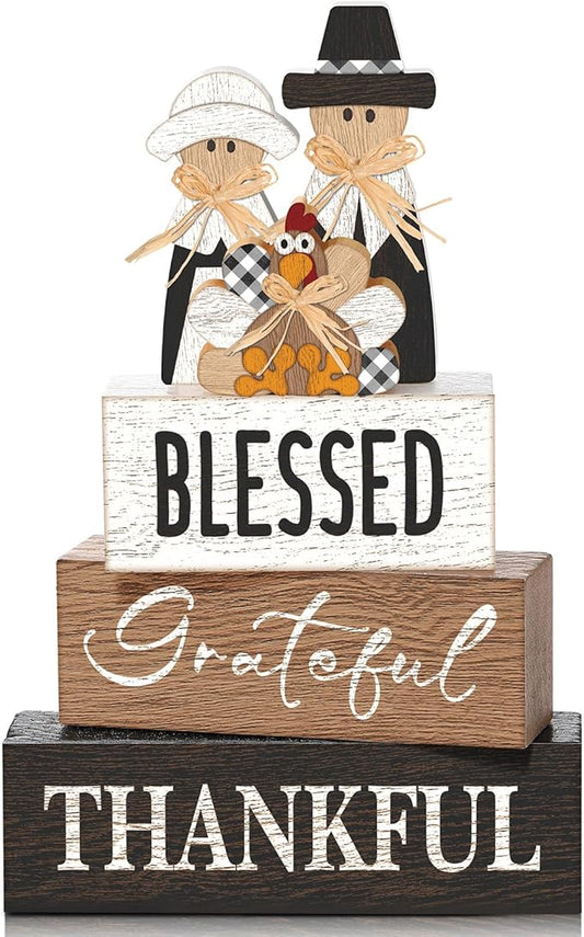 4 Pcs Thanksgiving Table Decor for Home Pilgrim Couple Wooden Signs with Blessed Thanksgiving Autumn Tiered Tray Decor Turkey Tabletop Centerpiece Grateful Block Signs for Office Kitchen Shelf