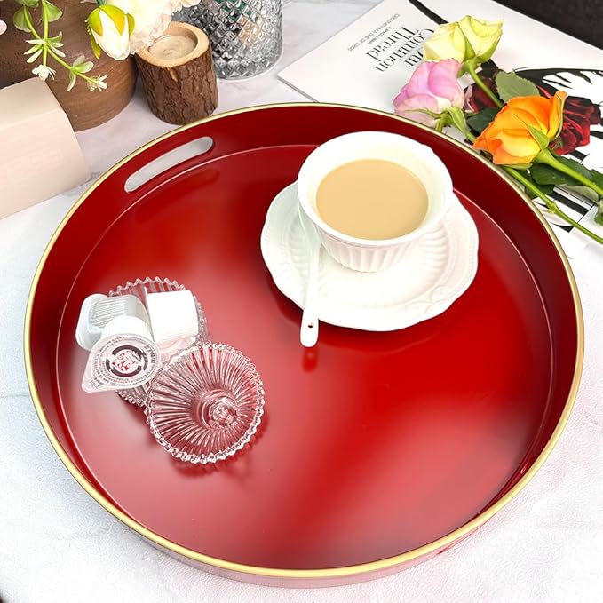 Red Decorative Tray, Serving Tray with Handles, Round Decorative Tray for Coffee Table, 13 Inch Plastic Tray for Ottoman, Living Room, Bathroom, Home Decor.