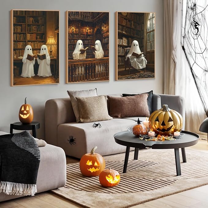 LHIUEM 16”X24”X3-Large Halloween Ghost Framed Wall Art Funny Ghosts Canvas Wall Decor Halloween Gothic Spooky Inspired Cute Ghosts Framed Pictures Vintage Creepy Ghost Artworks for Library Home Office