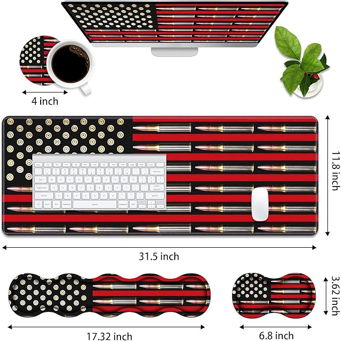 4 in 1 Ergonomic Memory Foam Mouse Pad Wrist Rest Set, Large XXL Gaming Desk Pad + Keyboard Wrist Rest + Mouse Wrist Cushion + Coaster for Home Office Study Gaming, American Flag & Bullets