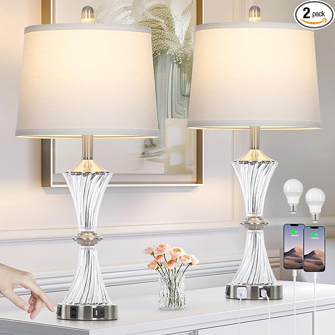 Crystal Glass Table Lamp Set of 2 With USB C+A Ports & AC Outlet - White Clear Modern Bedroom Lamps for Night Stands, Living Room - Silver Nightstand Lamps With LED Bulbs Included