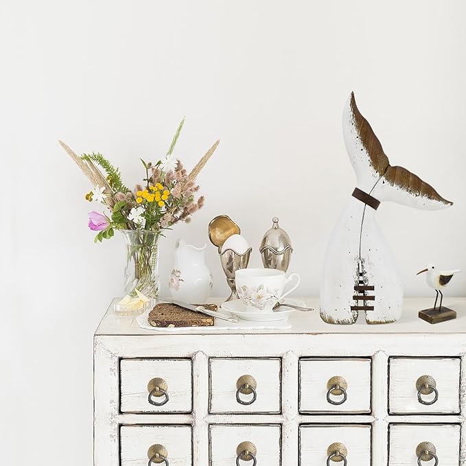 Aecipl Nautical Home Decor Wood Whale Tail Tabletop Statue Decorative Rustic Sculpture Ocean Beach Coastal Themed Figurine Whale Ornament Bathroom Shelf Decoration (13.4" H)