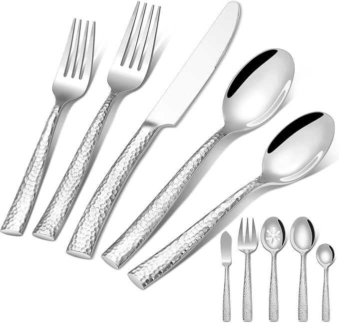 65-Piece Silverware Set with Serving Utensils, Ollex Durable Stainless Steel Hammered Flatware Set for 12 with Knives Forks Spoons Large Serving utensil Set for Home Restaurant, Dishwasher Safe