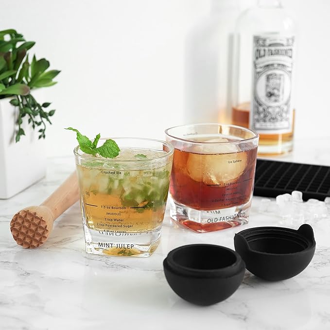 True Muddled Cocktail Kit with 2 Recipe Lowball Tumblers, Wooden Muddler, Silicone Ice Sphere Mold and Mini Pebble Ice Tray, Set of 5