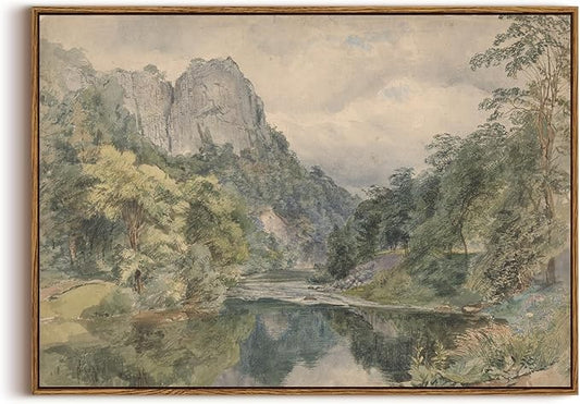 KISSFOX Vintage Framed Wall Art River Valley Landscape Canvas Wall Art Mountain Stream Natural Serene Countryside Paintings Artwork Rustic Art Prints For Bedroom Bathroom Living Room