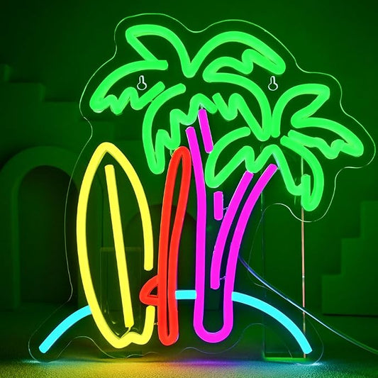 SurfSurf Palm Tree Neon Sign Beach Surfboard Wall Decor Paradise Neon Light Surf Poster for Summer Tiki Bar Beach Room Decor for Teen Girls Surfer