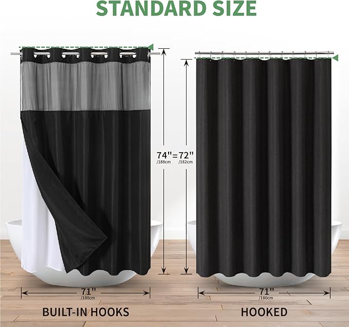 Black No Hook Shower Curtain with Snap-in Fabric Liner Set,Slub Textured Fabric Shower Curtains for Bathroom,Hotel Style Modern Shower Curtain,Water Repellent & Washable,71x74(72)