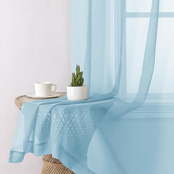 Aiyufeng 2 Pack: Basic Sky Blue Sheer Curtain Drapes 63 Inch Length 2 Panels for Living Room, Light Filtering Voile Drapes for Bedroom, Patio, Sliding Door, Each 40" W x 63" L