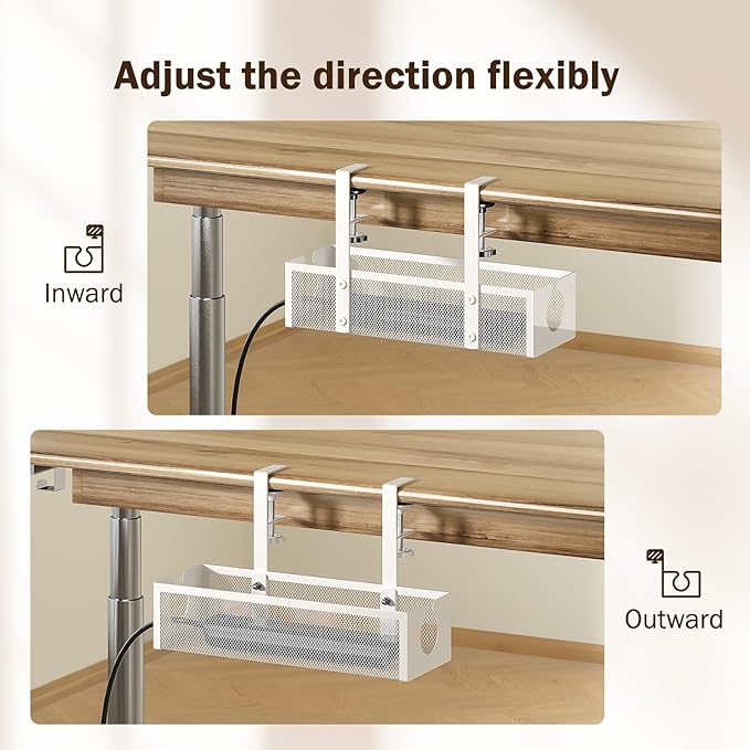 DELAMU Under Desk Cable Management Tray, No Drill Metal Mesh Cable Management Under Desk with F-Clamp Mount & 2 Open Holes, Cord Organizer for Home Office, 1 Pack, White