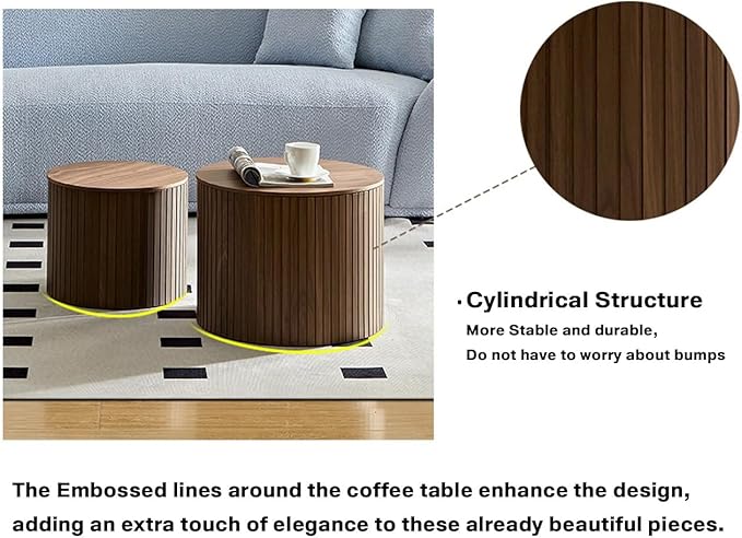 Nesting Coffee Tables Set of 2, Wooden Round Coffee Tables with Storage,Modern Circle Accent End Table Center Table for Small Spaces Living Room Bedroom Balcony Office Drum Side Table,Walnut