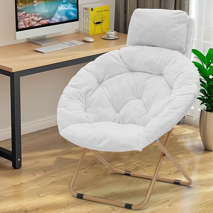 Athena Collection Comfy Saucer Chair with Headrest Oversize Round Cozy Chair Folding Chair Faux Fur Metal Frame Foldable Reading Chair Accent Chair for Bedroom Living Room Set of 2, White