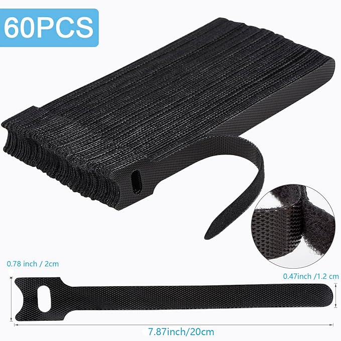 Reusable Cable Ties, 60 PCS 8 Inches Adjustable Cord Straps Wire Organizer Cord Wrap and Hook Loop Cable Management