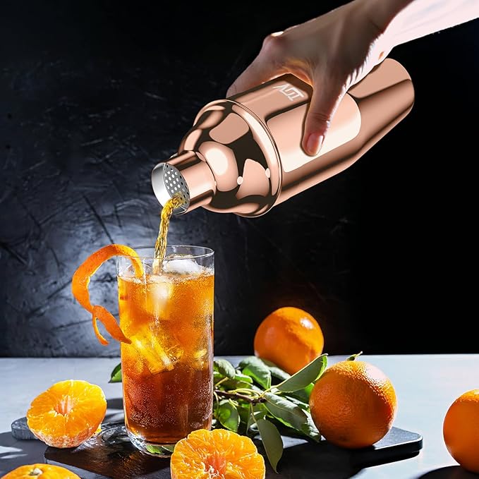 IOV Cocktail Shaker, 24 oz Martini Shaker, Drink Mixer with Built-in Strainer, Professional Stainless Steel Margarita Alcohol Shaker with Cocktail Recipe Guide, Bartender Kit Gifts, Rose Gold