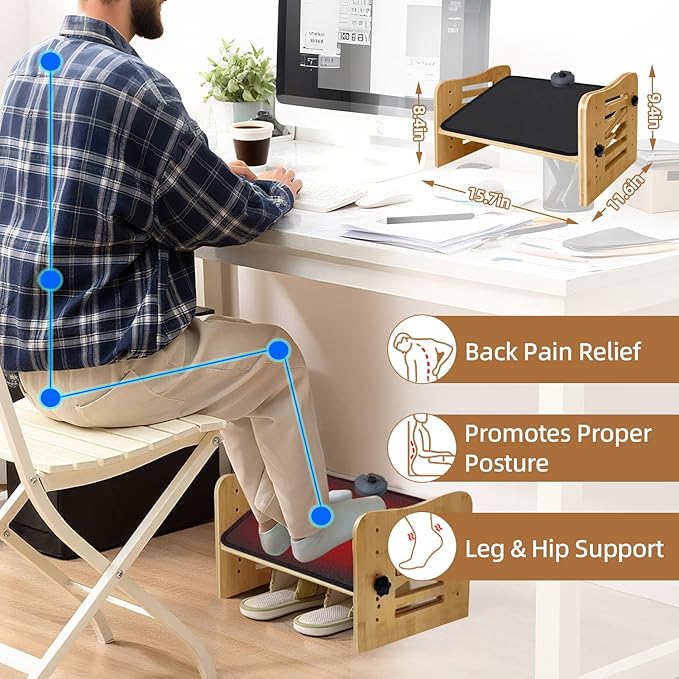 Myplace Bamboo Adjustable Under Desk Footrest with Heating Pad - Warm Ergonomic Foot Rest with 7-Level Adjust, Slanted Foot Rest Stool for Home Office Kitchen Bedroom (Burlywood)