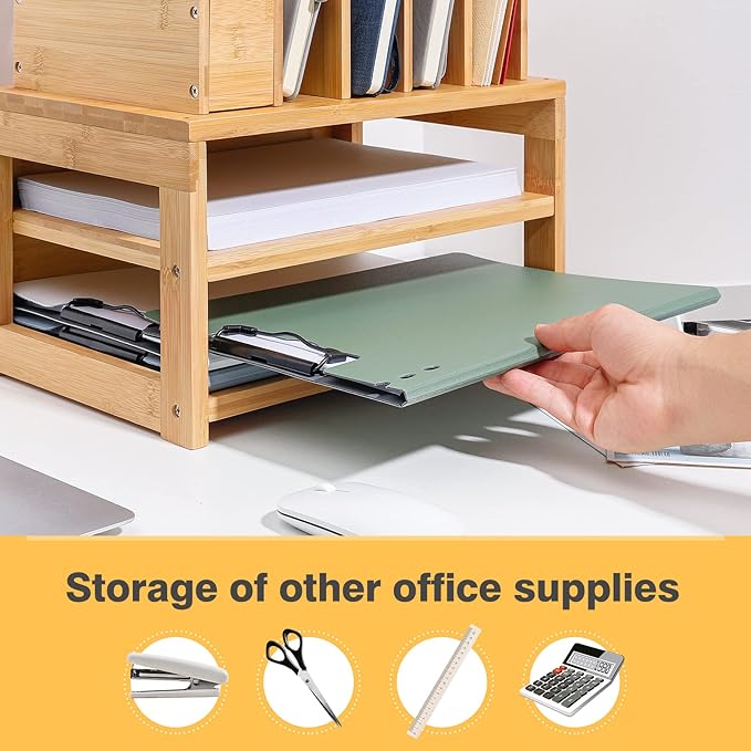 Homde Bamboo Desk Organizer with File Holder, Office Organization for Desks with Adjustable Pen Holding, Desktop Letter Paper Tray Storage for Workplace Home School (3-Tier,Natural)