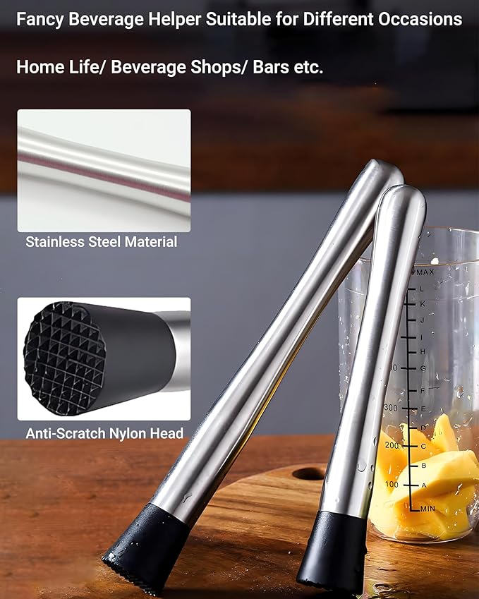 Professional Bar Tools Set, 10-inch Stainless Steel Muddler, Mixing Spoon, Measuring Jigger for Cocktails for Home Bartenders, Mojitos, Margaritas and Fruit-Based Drinks