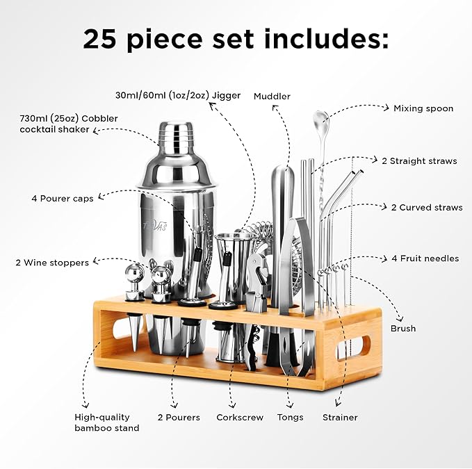 Mixology Bartender Kit with Japanese Jigger & Bamboo Stand - 25 Piece Stainless Steel Cocktail Making Set, Shaker, Strainer, Mixer, Spoon, Muddler, Barware Tools - Birthday Gifts & Anniversary