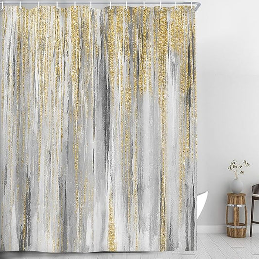 JAWO Abstract Shower Curtain, Modern Aesthetic Stripe Shower Curtain Set 72 X 72 Inches with 12 Hooks for Bathtub Bathroom Gray Gold Contemporary Abstract Painting (Yellow2, 72X72)