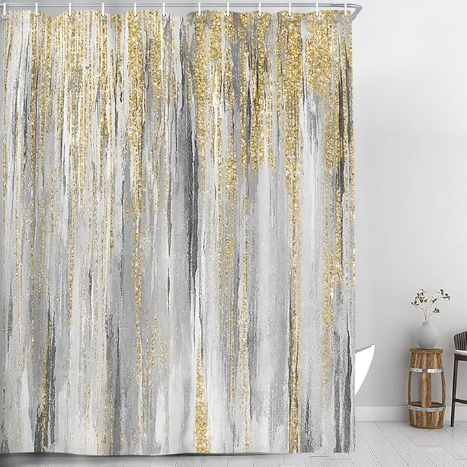 JAWO Abstract Shower Curtain, Modern Aesthetic Stripe Shower Curtain Sets with 12 Hooks for Bathtub Bathroom Gray Yellow Contemporary Abstract Painting Fabric