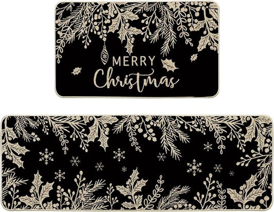 Artoid Mode Black Holly Pine Branches Merry Christmas Kitchen Mats Set of 2, Winter Decor Low-Profile Kitchen Rugs for Floor - 17x29 and 17x47 Inch