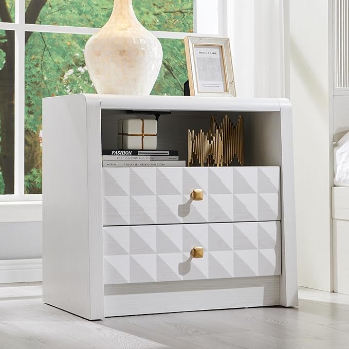 Modern Nightstand with Charging Station, Wood End Table w/2 Storage Drawers and Open Shelf, Mid Century Modern Bedside w/Diamond Panel Decorate for Bedroom, Curved Profile Design, White