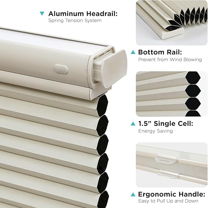 Joydeco No Tools No Drill Blinds for Indoor Windows, Cordless Window Blinds Cellular Shades Top Down Bottom Up Blackout Honeycomb Blinds Thermal Insulated Noise Reduction (Beige, 35" W x 64" H)