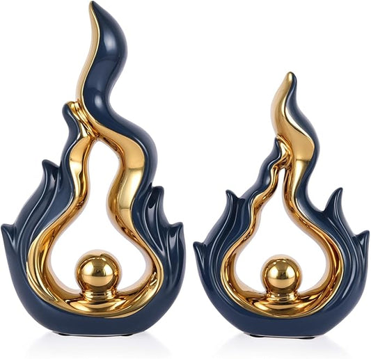 2 Pcs Navy Blue and Gold Ceramic Sculptures for Home Decor, Modern Abstract Art Statues, Centerpieces for Dining Room Table, Living Room, Shelf, Mantel, Coffee Table, Entryway Accent Decorations