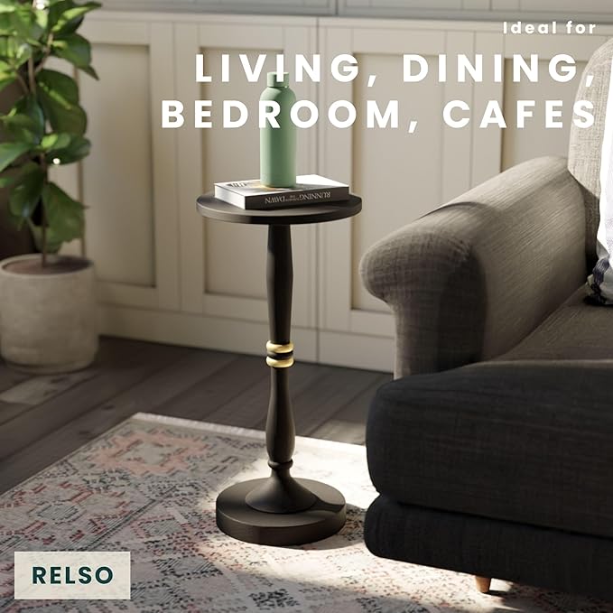 Relso Sceptrum Solid Wood Black Side Table – 24" Tall Round End Table, Narrow Accent for Living Room or Bedroom, Plant Stand or Drink Table, Compact Pedestal Table for Small Spaces | Easy Assembly