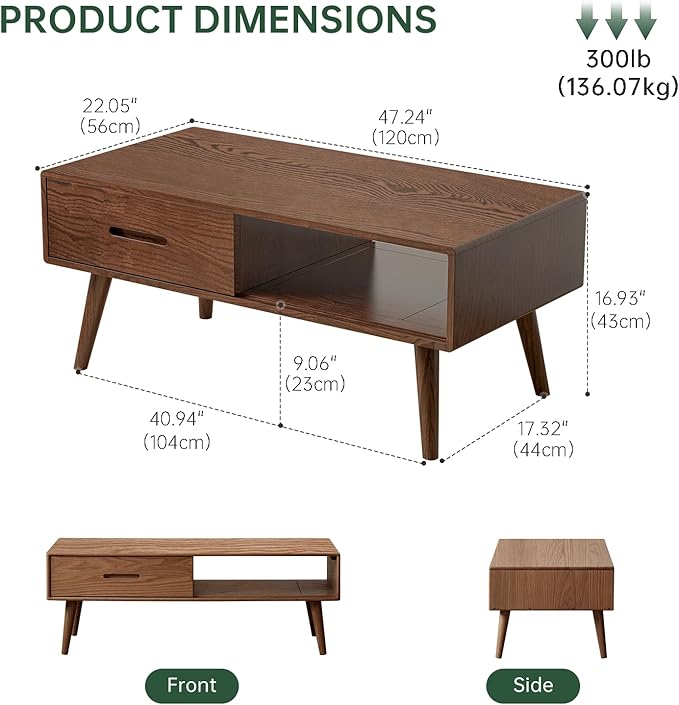 100% Solid Oak Wood Coffee Table for Living Room, Coffee Table with Storage Shelf and 2 Drawers, Mid Century Modern Coffee Tables for Home (Oak Walnut Color, 47.24'' W)