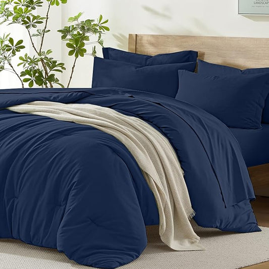 Homelike Moment California King Comforter Set 7 Piece, Navy Bed in a Bag Cal King Size Set Lightweight and Machine Washable