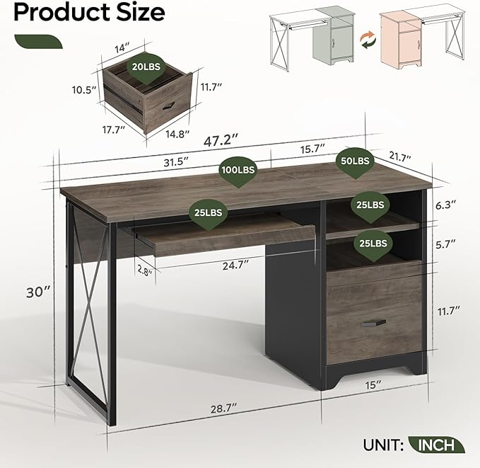 Bestier 47" Office Desk with Drawers, Industrial Computer Desk with Drawer, Reversible Teacher Desk with Storage & Keyboard Tray for Small Space Home Office & Studio, Gray Wash