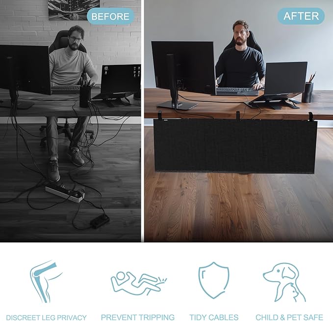 No Drill Under Desk Cable Management and Privacy Panel 2 in 1 | Modesty Panel with Cord Organizer |Felt Standing Desk Back Skirt for Office,Home(47.2")