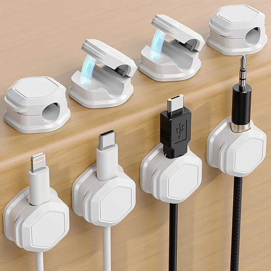 8 Pack Cord Holder - Magnetic Cable Clips - Cord Holder for Nightstand - Cord Organizer for Desk, Magnetic Cord Organizer, for Desk, Nightstand, Phone Charger, Computer, Home, Office, Car (White)