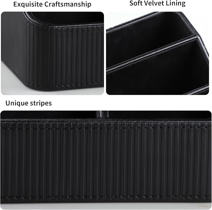 Remote Control Holder with 4 Compartments, PU Leather Small Nightstand Organizer for Home Desk Accessories Office Supplies, Multifunctional Stylish Small Bedside Desktop Organizers (Black)