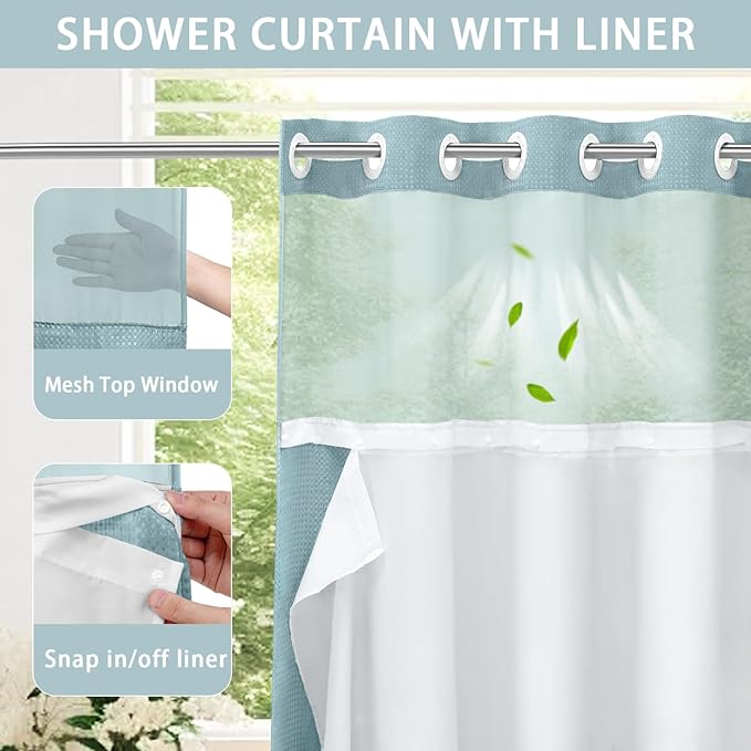 YellyHommy No Hook Shower Curtain with Snap in Liner Set Less Time Waffle Shower Curtain for Bathroom 75" L x 72" W Cyan