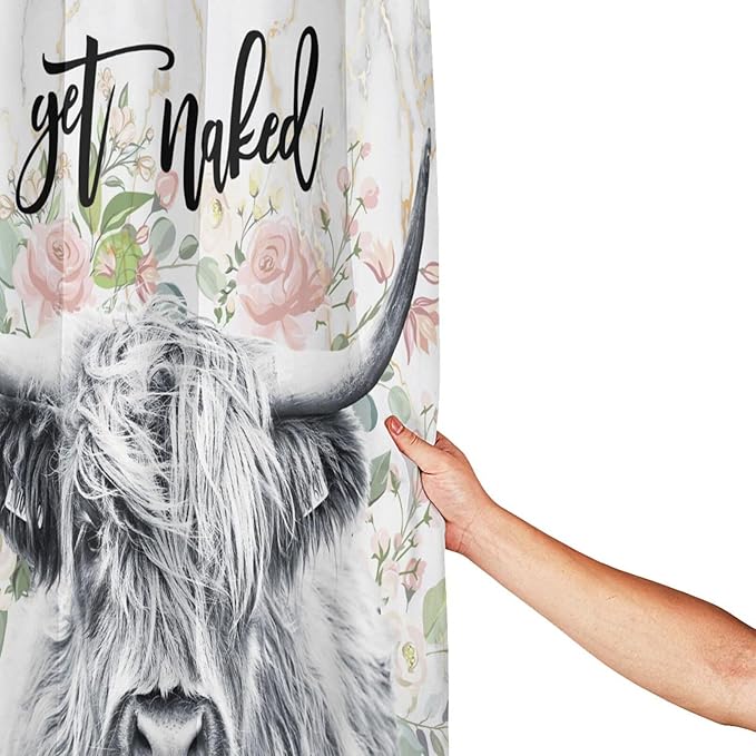 Domoku Highland Cow Shower Curtain Get Naked Shower Curtain Funny Cute Farmhouse Bull Floral Bathroom Curtain Polyester Fabric Waterproof with 12Hooks,72x72 inc