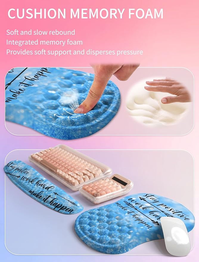Hokafenle 2in1 Combination, Wave Keyboard Wrist Rest and Ergonomic Curvature Mouse Pad Wrist Support for Relieve Wrist Pain, Filled with Soft Cushion Memory Foam, Stay Positive
