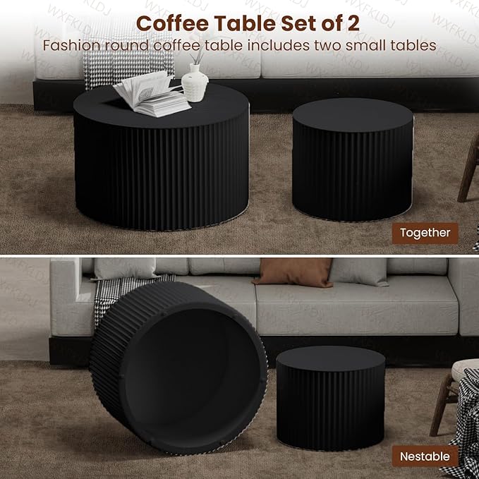 Nesting Coffee Table Set of 2 Modern Round Coffee Table with Non-Slip Feet Wood Drum Circle Accent Tables End Table Set for Living Room Bedroom Office (Black Round Set)